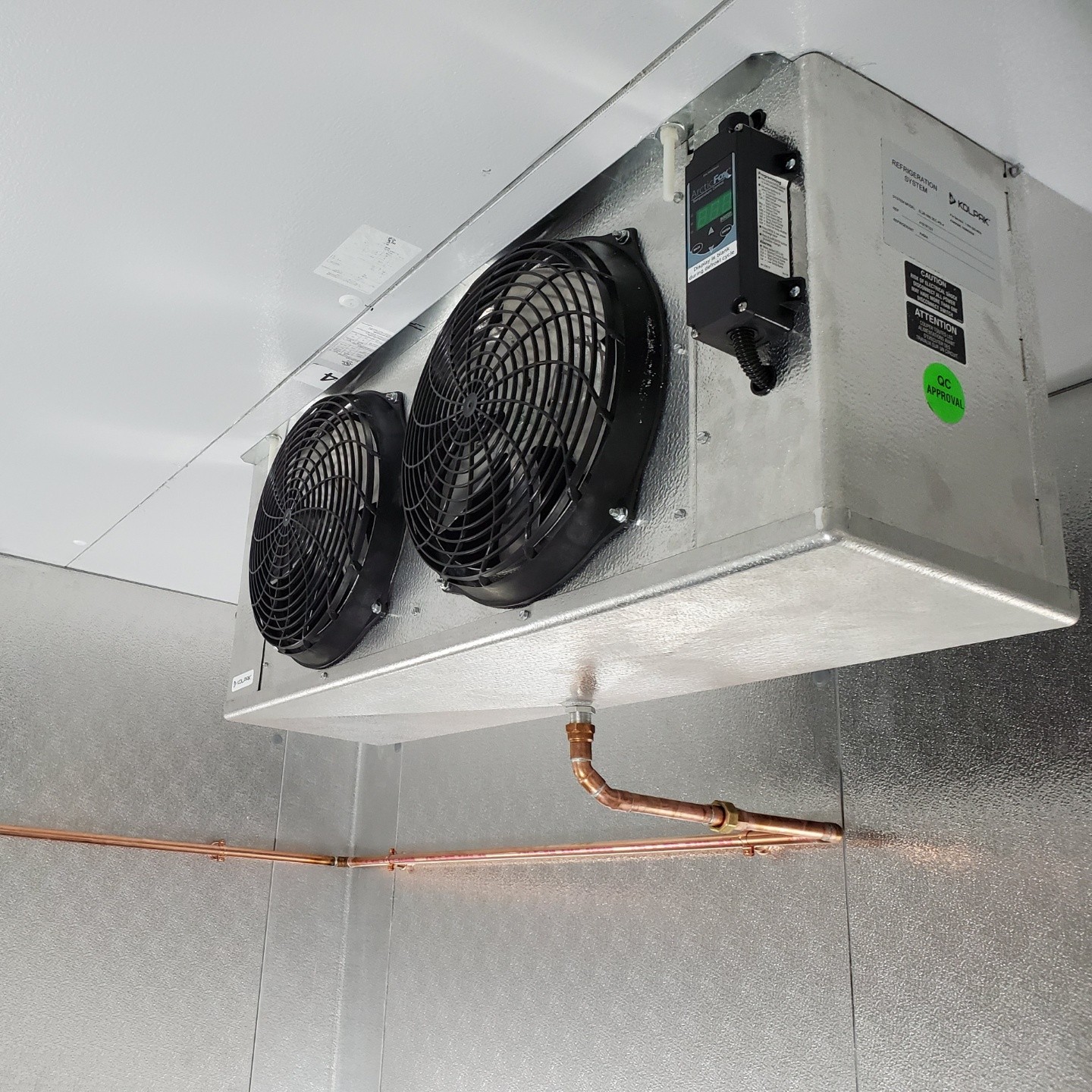 Commercial walk-in cooler evaporator for a restaurant in Wasilla, AK.